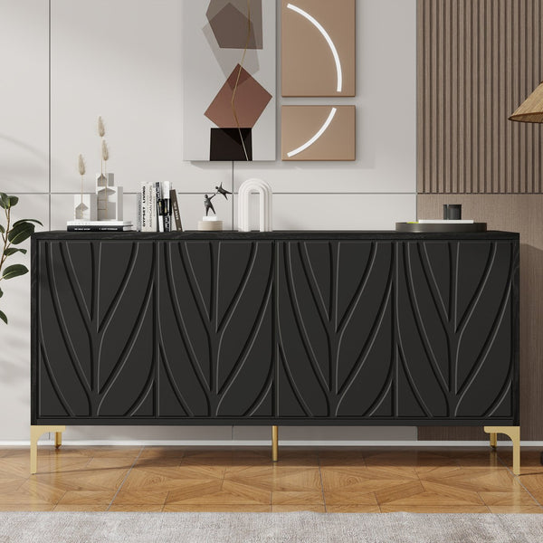 English Elm 60" Modern Handleless Sideboard Buffet Cabinet with Push-to-Open Doors, Carved Black Credenza, Adjustable Shelves, 220lb Top Load, Solid Wood MDF Storage for Living Room Entryway W2696P279985
