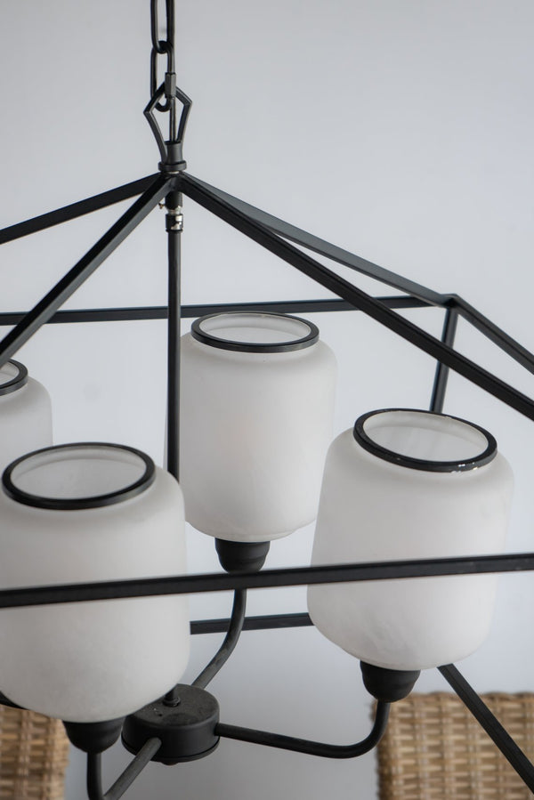 English Elm 26x26x21.9" Matte Black Iron Geometric Chandelier with Opaque Glass for Dining Foyer W2078P411230