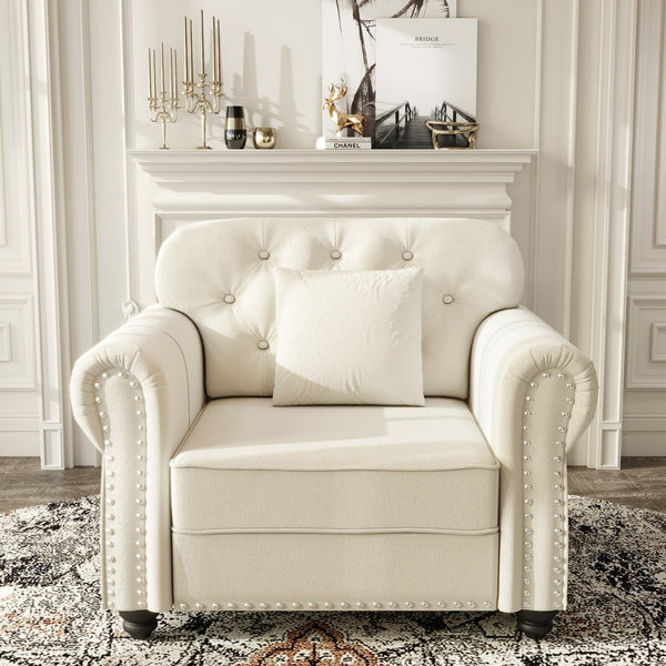 English Elm 41.3"upholstered Velvet Single Seat Sofa Button Tufted Nailhead Trim Mid-century Chesterfield Beige+White W1885P448720