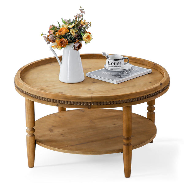 English Elm 31.3" Round Boho Coffee Table Walnut Brown – 2-Tier Rustic Solid Wood Accent Table with Beaded Trim W3306P318860