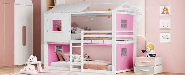 English Elm Twin Treehouse Bunk Bed Solid Pine Playhouse Frame with Cozy Canvas Tent Hideaway LT000379AAH-1