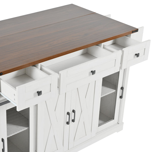 English Elm K&K 58" Farmhouse Kitchen Island with Sliding Barn Door, Drop Leaf, Glass Rack, Locking Wheels, Power White N707P349811W