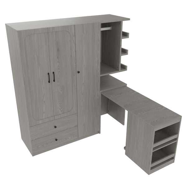 English Elm Multifunctional Wardrobe Cabinet with Fold Out Desk Hanging Rod and Storage Drawers Gray W1580S00476