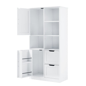 English Elm Bathroom Tall Storage Cabinet with Doors, 2 Drawers, Adjustable Shelf, Anti-Tip, MDF White, Sleek Handles WF530559AAK