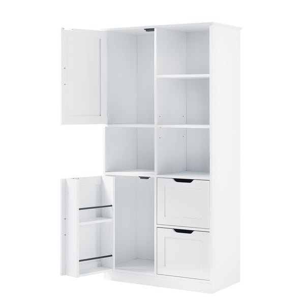 English Elm Bathroom Tall Storage Cabinet with Doors, 2 Drawers, Adjustable Shelf, Anti-Tip, MDF White, Sleek Handles WF530559AAK