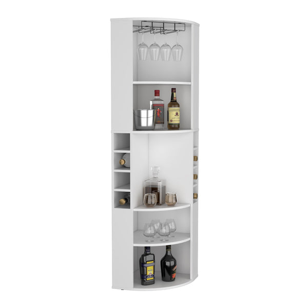 English Elm Oban Matte Black Corner Bar Cabinet with Bottle Cubbies and Open Stemware Shelves B200S00388