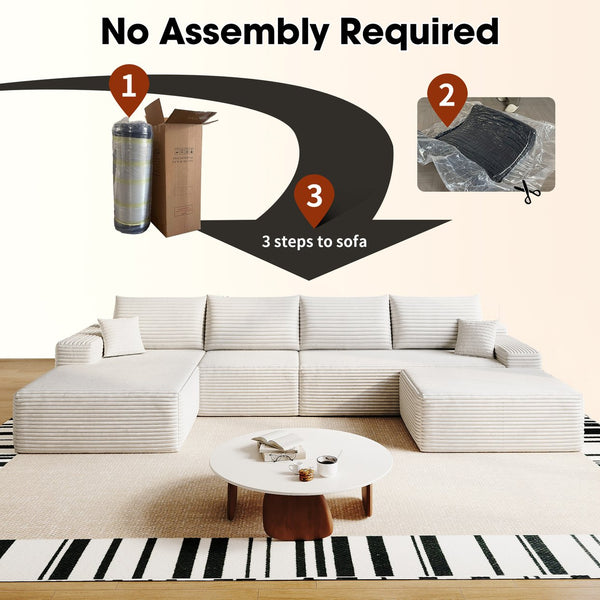 English Elm 135" Cloud Sectional Sofa With Ottoman - Cozy U-Shaped Minimalist Couch In Plush Corduroy, Black/White W2824S00119