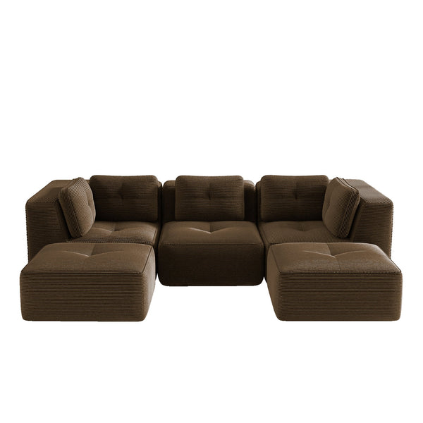 English Elm Modern Corduroy Sectional Sofa with Tufted Cushions Dual Ottomans and Deep Seating Brown W714S01809