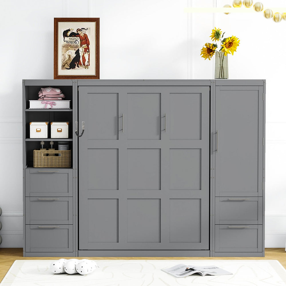 English Elm Queen Murphy Wall Bed with Wardrobe Drawers and Shelves for Studio or Guest Room Gray LP000865AAE-2