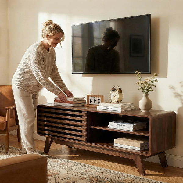 English Elm Tv Stand with Louvered Sliding Doors Tapered Legs Walnut Media Console W3204P465917
