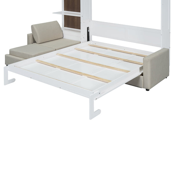 English Elm Queen Wall Bed with Linen Sofa and Open Shelving for Studio or Guest Room LP000592AAK-1