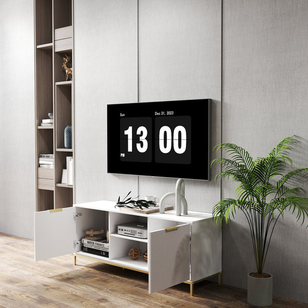 English Elm Modern TV Stand White Gold with Wave-Design Doors, Open Center Shelf, Adjustable Inner Shelf, Chic Legs W3151P288928