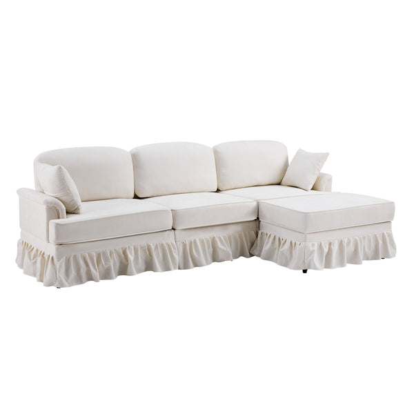 English Elm 103.15'' Chenille L-shaped Sectional Sofa with Detachable Pleated Skirt and Ottoman White W3612S00044
