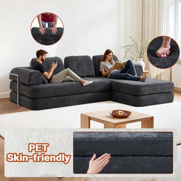 English Elm 104" Boneless Chenille Sectional Sofa with Chaise Deep Memory Foam Seats Living Room Dark Grey W3565S00023