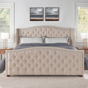 English Elm Jennifer Taylor Home - Marcella Upholstered Shelter Headboard Bed Set, King - Sky Beige, Luxurious Comfort & Style B2719P238225