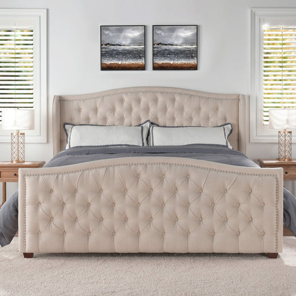 English Elm Jennifer Taylor Home - Marcella Upholstered Shelter Headboard Bed Set, King - Sky Beige, Luxurious Comfort & Style B2719P238225