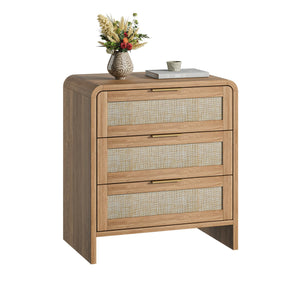 English Elm Rattan Drawer Nightstand Set with Built-in Charging Station and Open Shelf Bedroom Storage Caramel W1820P410559