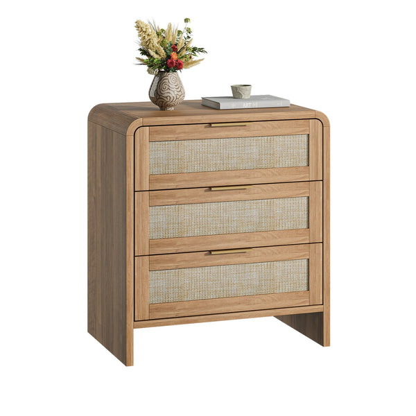 English Elm Rattan Drawer Nightstand Set with Built-in Charging Station and Open Shelf Bedroom Storage Caramel W1820P410559