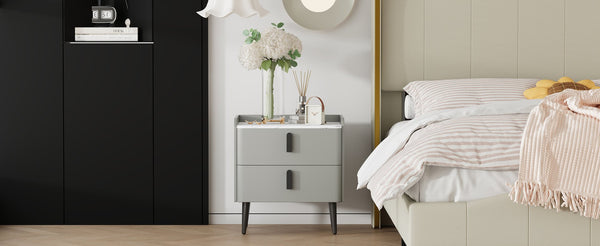 English Elm Nightstand with Marble-Pattern Top and Raised Guard, 2 Drawers for Organized Stylish Bedroom Decor Gray 23.4 L x 18.5 W x 9.06 H N733P332142E