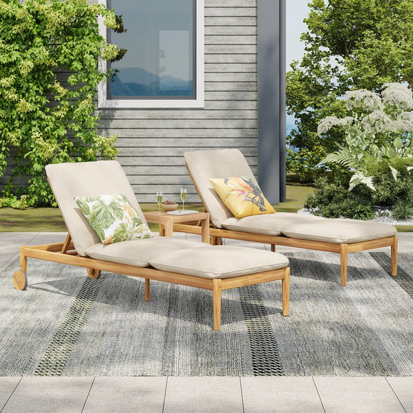 English Elm Christopher Knight Home® - Riviera Acacia Wood Chaise Lounges Set of 2 with Wheels – Beige Light Teak, Polished Edges, Stable Cylindrical Feet for Garden Comfort and Safety N775P287338T