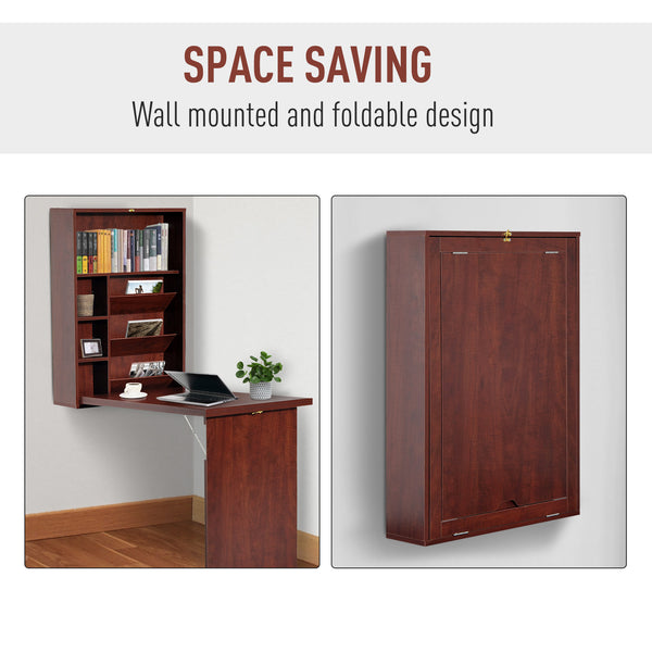 English Elm Wall Mounted Fold Out Desk in Mahogany Finish with Shelving for Compact Home Offices T3971P408153