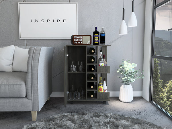 English Elm Tennessee Mobile Bar Cart with Cabinet, Six Bottle Cubbies, Top Rail Prep Area & Locking Wheels Ebony,Light Brown 34 L x 19 W x 6 H B128P176145