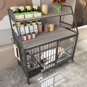 English Elm Large Pet Cage with Iron Frame Mdf Panels Storage Rack and Steel Feeding Basins Black,Gray+Charcoal W3064P245387