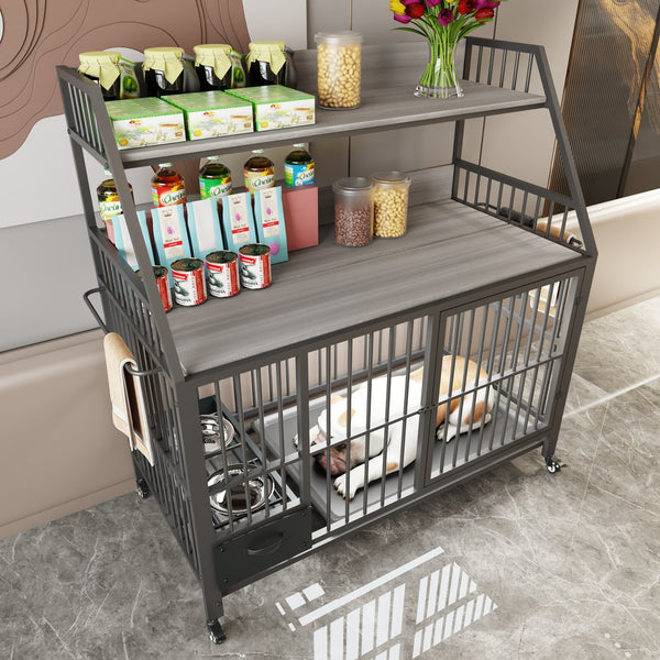 English Elm Large Pet Cage with Iron Frame Mdf Panels Storage Rack and Steel Feeding Basins Black,Gray+Charcoal W3064P245387