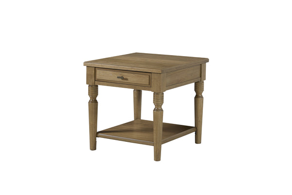 English Elm End Table Hickory Veneer Turned Legs Open Shelf Drawer Traditional Living Room Accent Almond B2699P443217