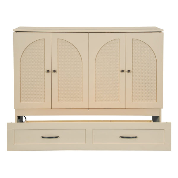 English Elm Full Size Murphy Bed Rattan Cabinet with Storage Drawers and Gold Hardware Gold N708S00009G