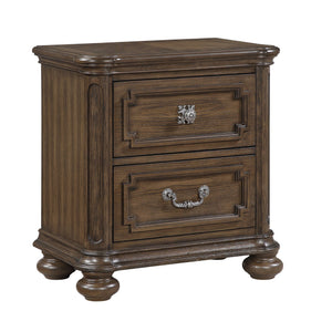 English Elm Traditional Oak Veneer Nightstand with Walnut Inlay Two Drawers Antique Nickel Bedroom B011P490016