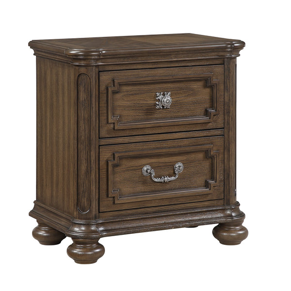 English Elm Traditional Oak Veneer Nightstand with Walnut Inlay Two Drawers Antique Nickel Bedroom B011P490016