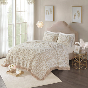 English Elm Tufted Cotton Chenille Medallion Fringe Coverlet King/Cal King Set — Boho Shabby Chic, OEKO-TEX Certified Quality B035129048