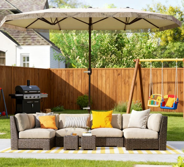 English Elm Spacious 15 Foot Rectangular Outdoor Umbrella with Fringe and Uv Resistant Canopy T3971P427123