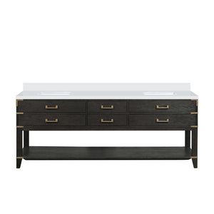 English Elm Black Oak Double Bath Vanity With Elegant White Quartz Top - 84 In. W, Soft-Close Storage Solutions B2731P261071