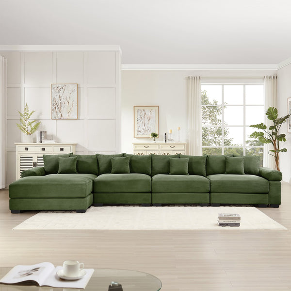 English Elm 170"Oversized Cloud Modular L-Shape Sectional Couch - Plush Corduroy, Ergonomic, 12 Pillows, Green W714S01336