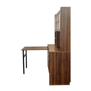 English Elm Computer Desk with Glass Doors, Hutch & Drawer Storage, Rotating 90° Desktop and Spacious Work Surface Walnut W331S00195