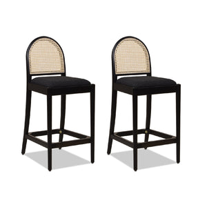 English Elm Jennifer Taylor Home - Panama 26.5" Curved Back Cane Rattan Counter Stool Set of 2 with Oak Frame, Bouclé Upholstery & Brass Footrest Black B2719P238388