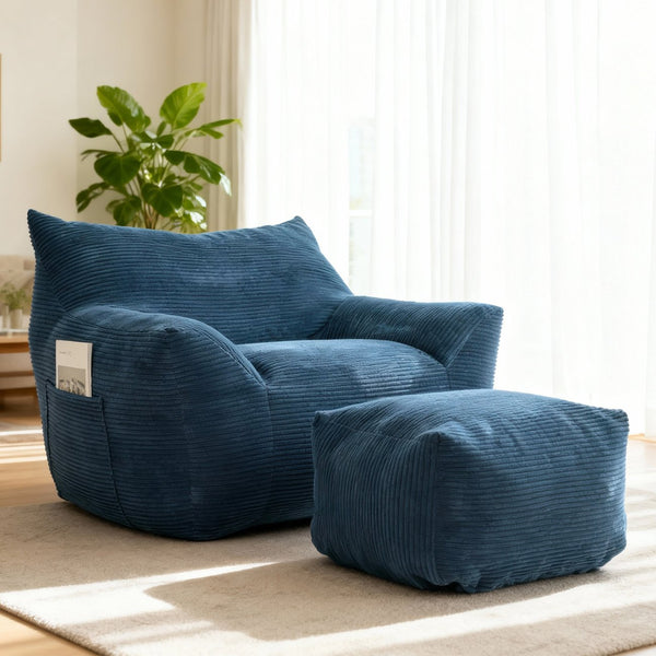 English Elm Bean Bag Chair with Armrests Shredded Foam Fill Oversized Lounge Seat for Adults Blue W5385P433246