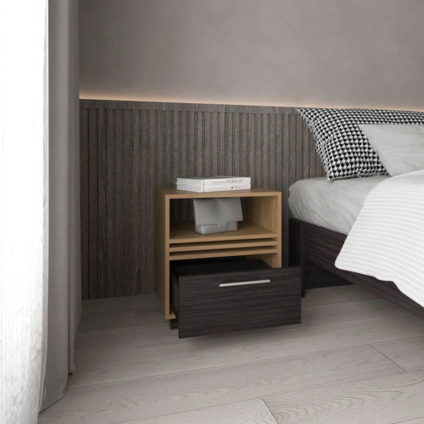 English Elm Nightstand, Mobile 1-Drawer with Shelf in Natural Oak & Black — Sustainable Engineered Wood, Compact Design B097P262382