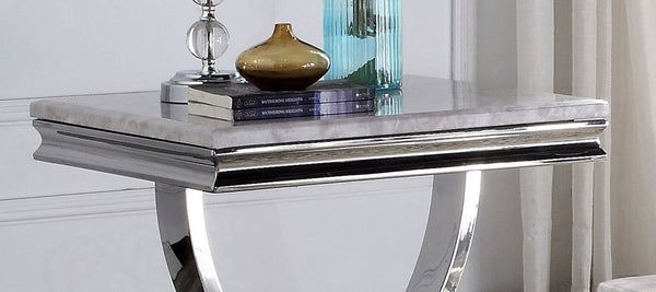 English Elm 1pc End Table Luxe Faux Marble Top with Beveled Edge, Interlocking Pedestal Base, Sleek Metal Finish, 23" Height, Elegant Accent Piece Chrome 28 L x 27 W x 4 H B2741S00431