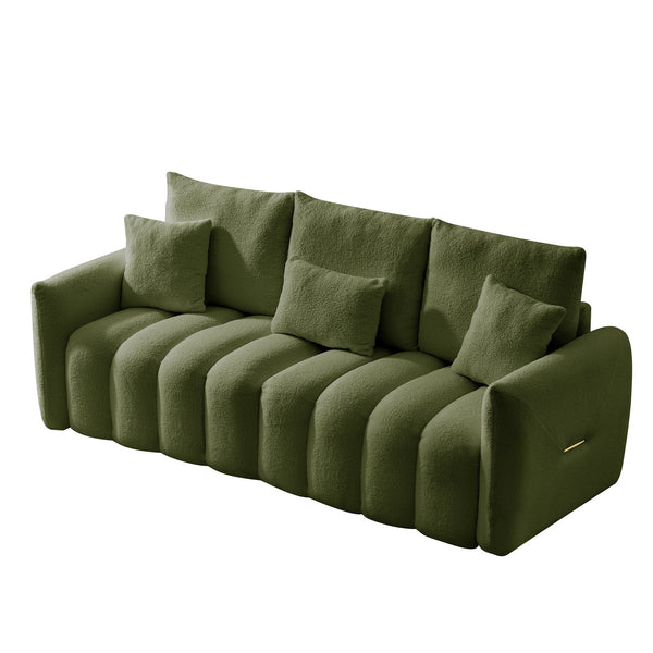 English Elm 78 Inch Teddy Velvet Three Seat Sofa Solid Wood Frame Plush Cushions for Living Room Army Green W2564S00126