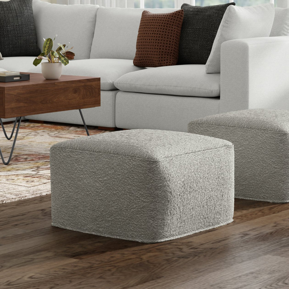 English Elm Chantal Boucle Square Pouf Handcrafted Cotton Accent Footrest for Modern Living Rooms Light Gray B136P427585