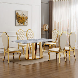 English Elm Marble Dining Table For 6-8, 70'' Rectangle Faux Marble Top With Gold Stainless Steel Base, Modern Elegance W3456S00012