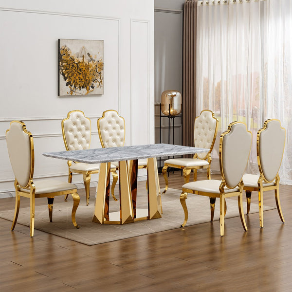 English Elm Marble Dining Table For 6-8, 70'' Rectangle Faux Marble Top With Gold Stainless Steel Base, Modern Elegance W3456S00012