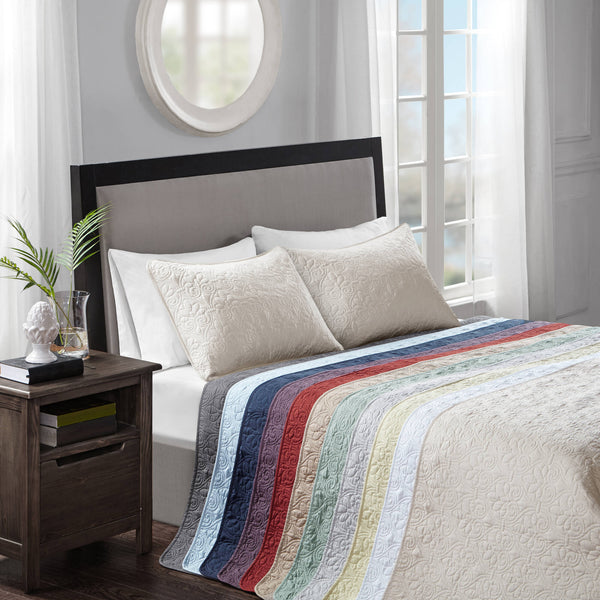 JLA Home Madison Park - 3 Reversible Bedspread Set with Quilted Stitch Texture, Oversized Cotton Fill, Antimicrobial Freshness and Cozy Draping Navy MP13-2992