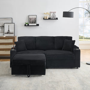 English Elm 80" Corduroy Multi-Function Sofa with Hidden Recliner, Space-Saving Design, Armrests, Cup Holders, Removable Footstool Black W3356S00017