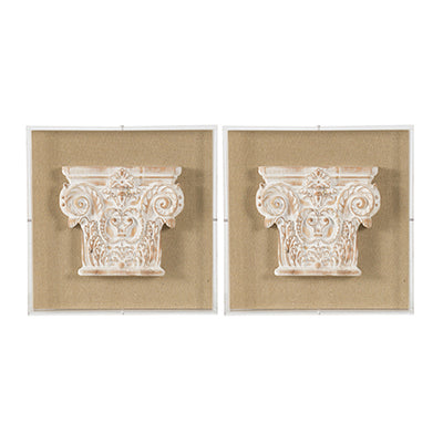 English Elm S/2 Corinthian Relief Square Wall Panels Washed White Sculptural Art for Classic Interiors W2078P313342