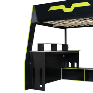 English Elm Full Size Wood Loft Bed with Rgb Lighting Desk and Multi-tier Shelves for Gaming Green LT000374AAG