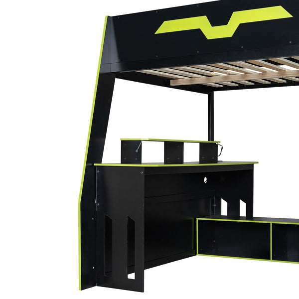English Elm Full Size Wood Loft Bed with Rgb Lighting Desk and Multi-tier Shelves for Gaming Green LT000374AAG